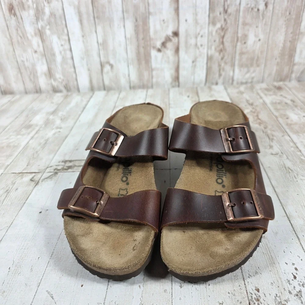 Papillio Birkenstock Lana Brown Leather Wedge Sandals Womens 38 L7 Buckle Slide
